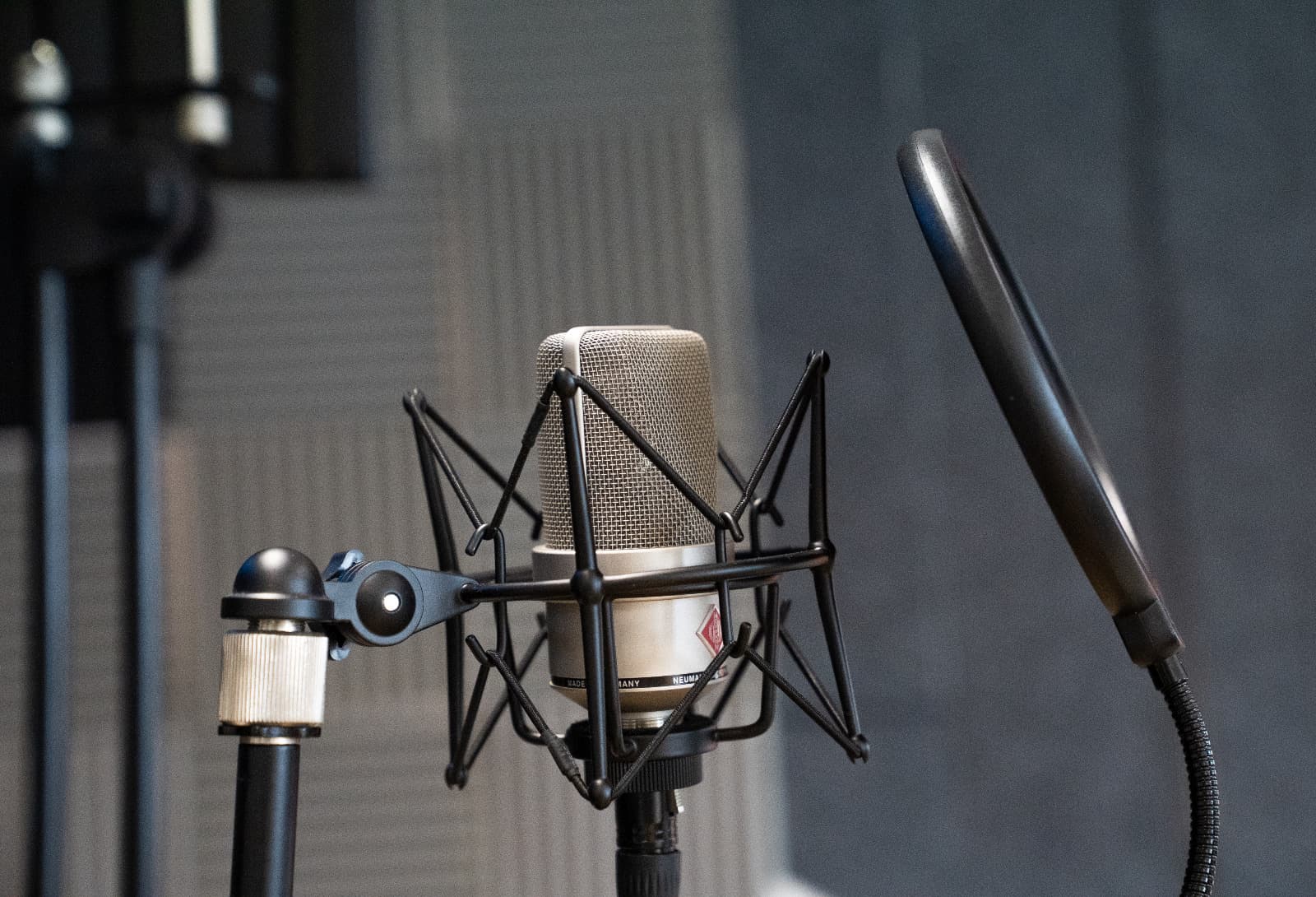 De opnamemicrofoon met popfilter in Studio Sintels